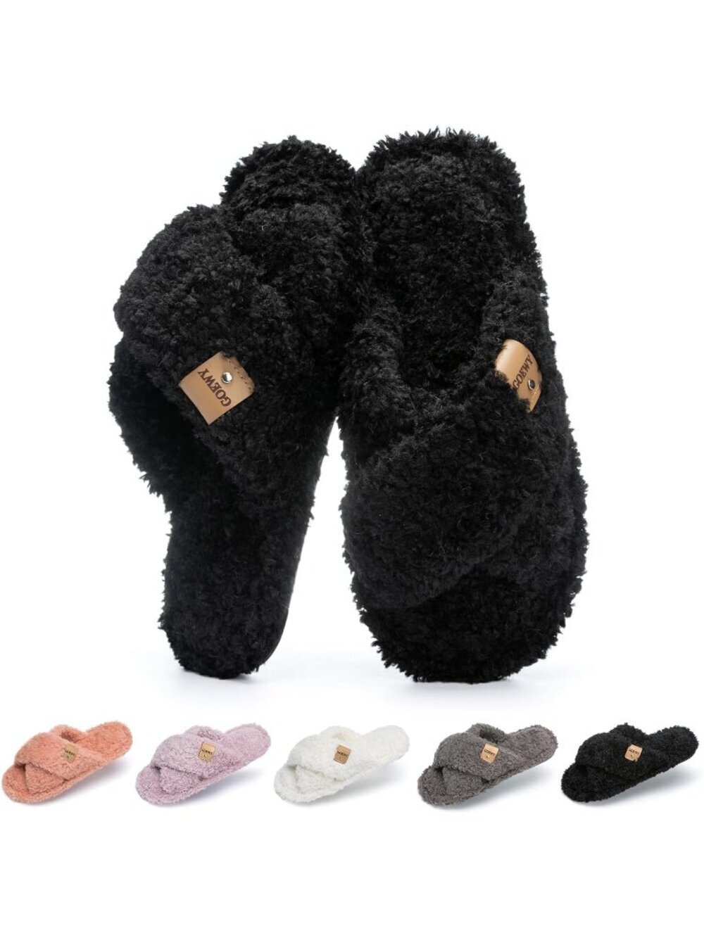 Women's Black Cozy Cross Band Indoor and Outdoor Fuzzy Open Toe Slipper Shoes